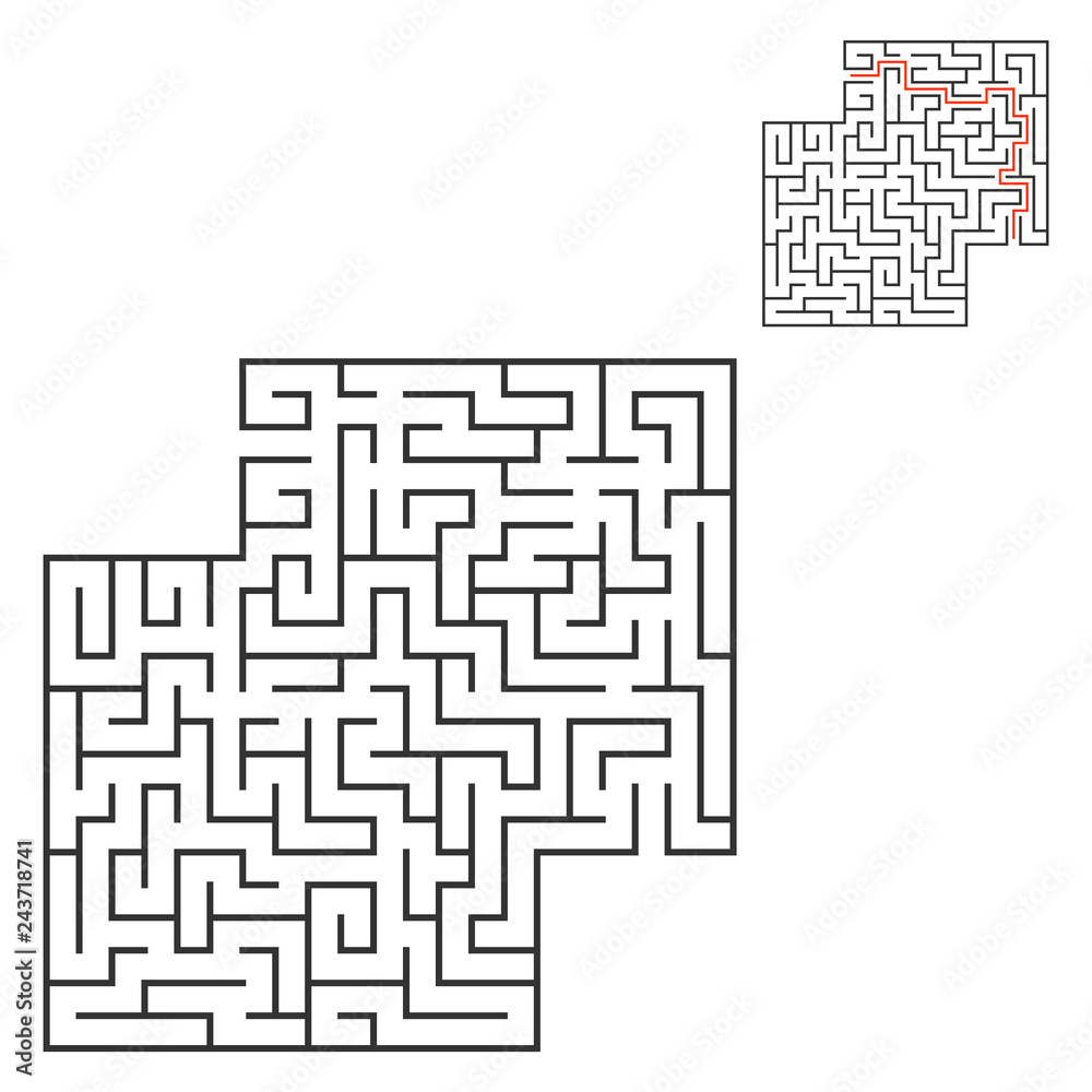 Abstract square maze. Game for kids. Puzzle for children. Labyrinth conundrum. Flat vector illustration isolated on white background. With answer. With place for your image. Abstract square maze. Game for kids. Puzzle for children. Labyrinth conundrum. Flat vector illustration isolated on white background. With answer. With place for your image.