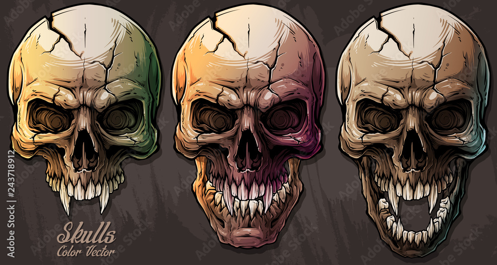 Detailed graphic realistic cool colorful human skulls with sharp canines and cracks. On gray grunge background. Vector icon set.