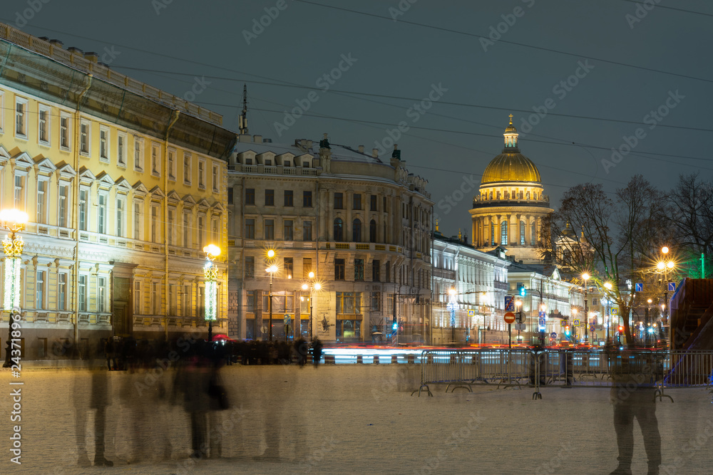 city landscape at night, view of St. Isaac's Cathedral in St. Petersburg.
