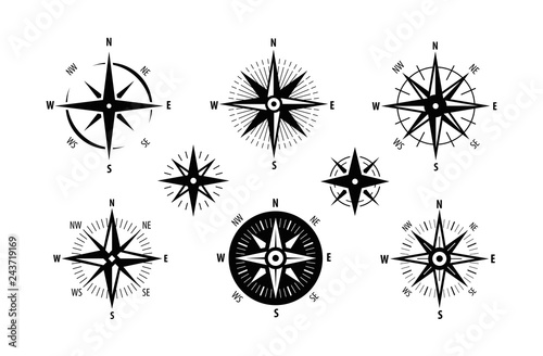 Compass, wind rose icon set. Marine navigation symbol. Vector illustration