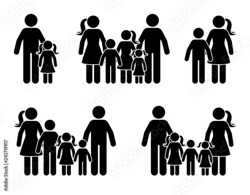 Stick figure parents and children icon set. Big happy family black pictogram