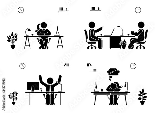 Office meeting business men icon set. Happy, tired, talking, sitting stick figure pictogram