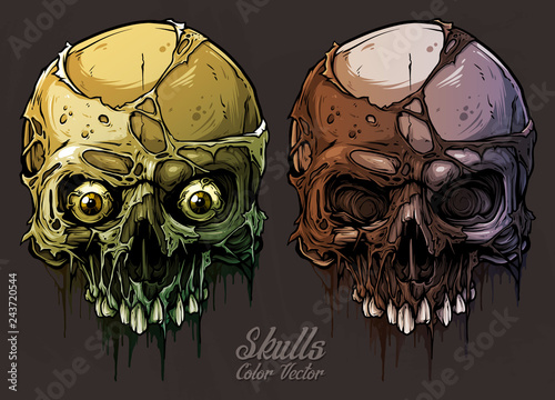 Detailed graphic realistic cool colorful human skulls without lower jaw, with pieces of dead skin and eyes. On gray grunge background. Vector icon set.