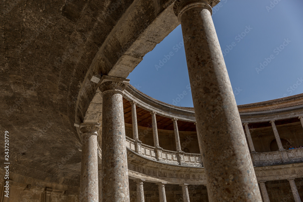 Round Patio and double colonnade of Charles V Palace inside the Nasrid fortification of the Alhambra, Granada, Andalusia