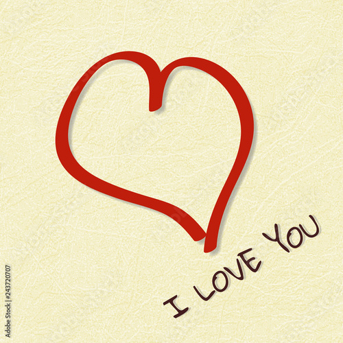 Red heart casts shadow on yellow marble textured background. Text  I LOVE YOU. Perfect for romantic concepts, Valentines Day, recognition of love, as design element. Vector with noise and texture.