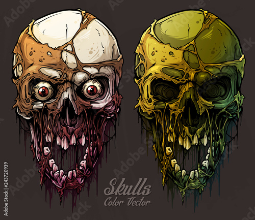 Detailed graphic realistic cool colorful human skulls with horrible pieces of dead skin, eyes, open mouth and broken teeth. On gray grunge background. Vector icon set.