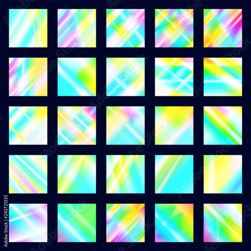 Set of iridescent disco textures. Holographic prism backgrounds. Rainbow glow reflections of light dispersion and reflection in the glass.