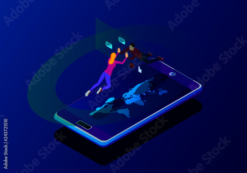 A man and woman use a smartphone app to communicate. Abstract representation of social networks.