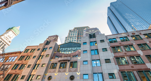 Upward view of Boston skyline on a beautiful day, USA