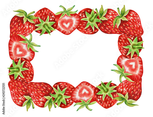 Illustration of watercolor hand drawn frame with red fresh strawberries. Summer fruit background. Organic food. Exotic  tropical. Vegetarian.