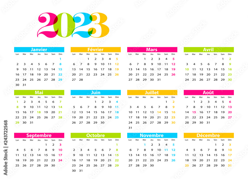 Calendrier 2023 dans différentes polices style illustration vectorielle.  calendrier mensuel classique simple pour 2023 en police