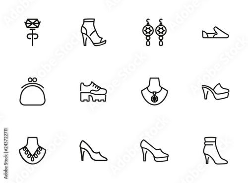 Accessories line icon set. Shoes, purse, necklace. Fashion concept. Can be used for topics like style, trend, jewelry
