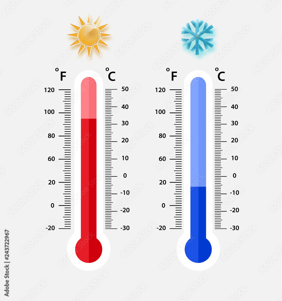 Celsius and fahrenheit meteorology thermometers measuring. heat and cold, vector illustration. Thermometer equipment showing hot or cold weather Celsius and fahrenheit meteorology thermometers measuring. heat and cold, vector illustration. Thermometer equipment showing hot or cold weather