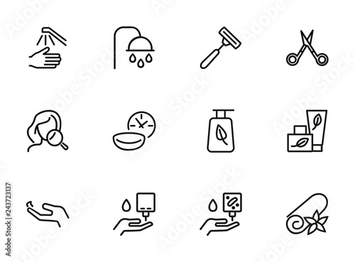 Self care line icon set. Shower, scissors, cream. Beauty care concept. Can be used for topics like hygiene, spa salon, daily routine