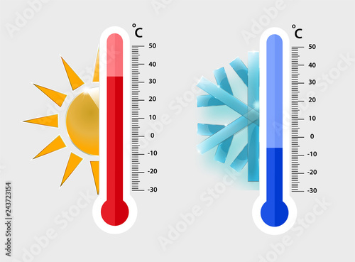 Celsius meteorology thermometers measuring. heat and cold, vector illustration. Thermometer equipment showing hot or cold weather