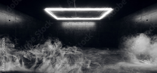 Futuristic Dark Sci Fi led Neon Glowing Ceiling Rectangle Light On Smoke Fog Dark Grunge Concrete Room Empty Space Gallery Hall 3D Rendering