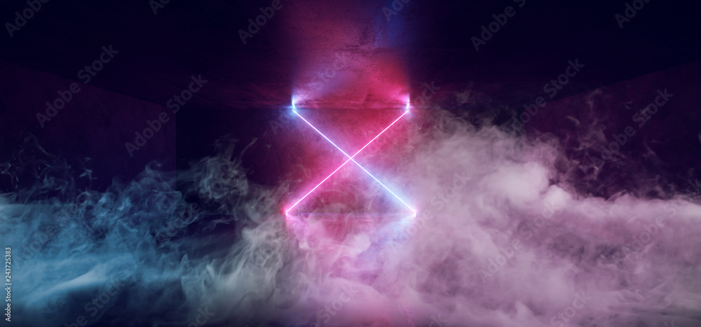 Sci Fi Neon Glowing Cross X Shaped Rainbow Purple Blue Glowing Lights In Dark Grunge Concrete Room Hall With Smoke And Fog Empty Space Dance Lights Retro 3D Rendering Sci Fi Neon Glowing Cross X Shaped Rainbow Purple Blue Glowing Lights In Dark Grunge Concrete Room Hall With Smoke And Fog Empty Space Dance Lights Retro 3D Rendering