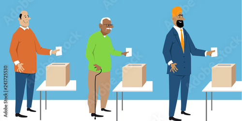 Diverse male voters putting ballot in a box, EPS 8 vector characters