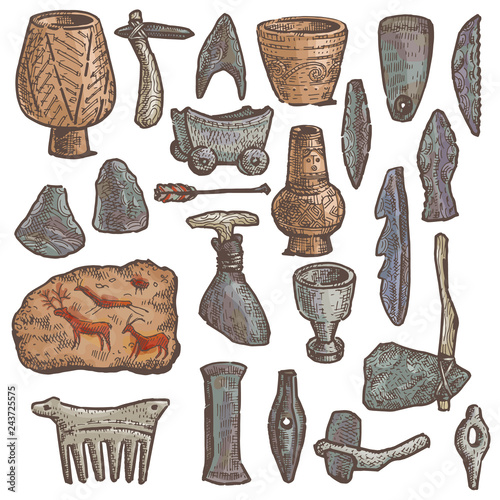 Stone age vector primitive cave weapon and neanderthal ancient stony knife and axe illustration stoneage set of hunting prehistoric dish toys isolated on white background