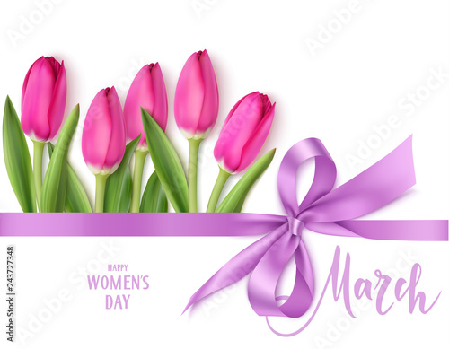 International Womens Day design template. 8 march background with beautiful purple bow,  horizontal ribbon and spring pink tulip isolated on white. Holiday decoration. Vector illustration