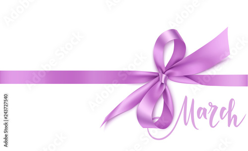 International Womens Day design template. 8 march background with beautiful purple bow and horizontal ribbon. Holiday decoration. Vector illustration