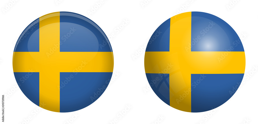 Sweden flag under 3d dome button and on glossy sphere / ball. Sweden flag under 3d dome button and on glossy sphere / ball.