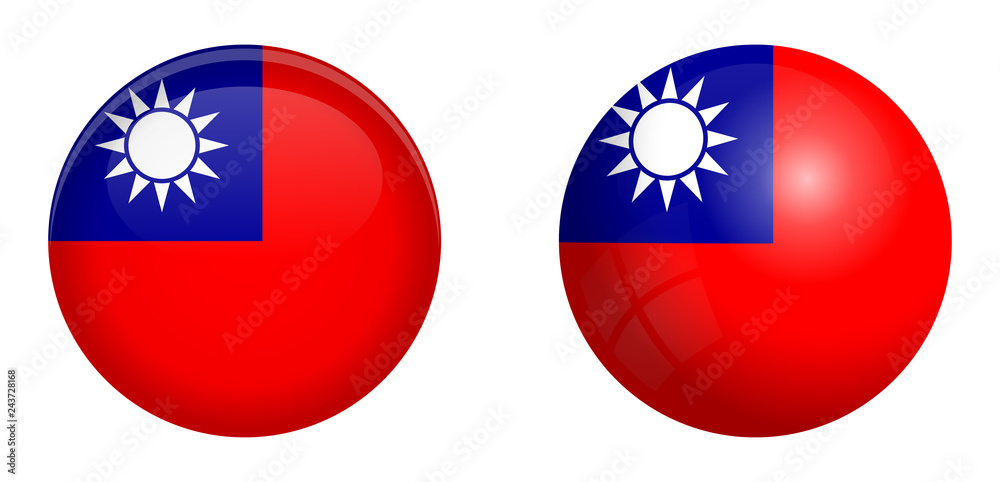 Taiwan flag under 3d dome button and on glossy sphere / ball. Taiwan flag under 3d dome button and on glossy sphere / ball.