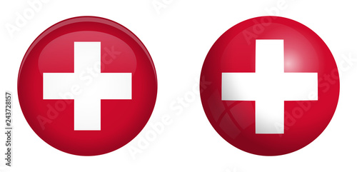 Switzerland flag under 3d dome button and on glossy sphere / ball.