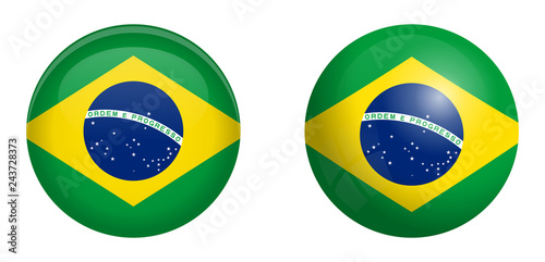 Brazilian flag under 3d dome button and on glossy sphere / ball.