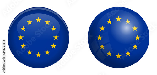 European Union flag under 3d dome button and on glossy sphere / ball.