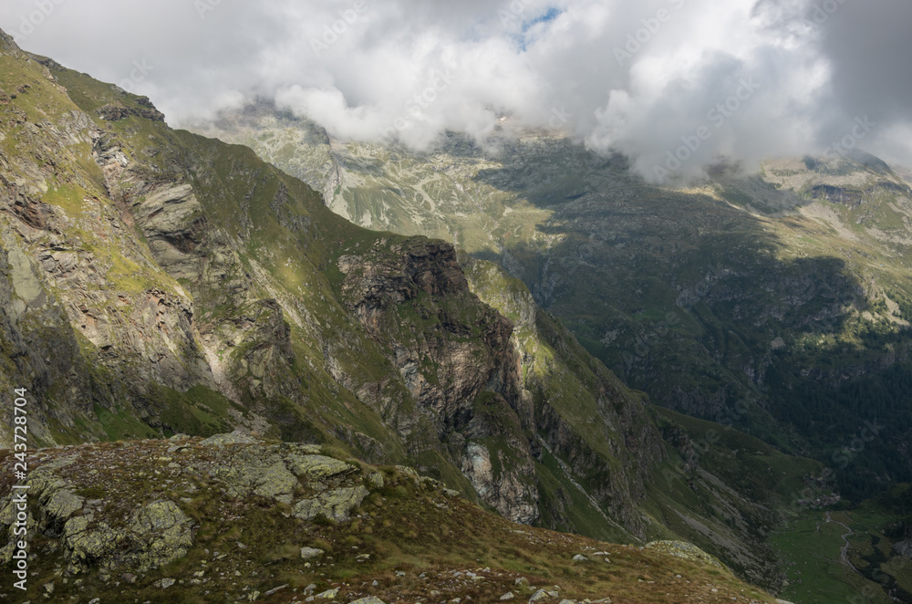 View to valley Bors from top of Cascata delle Pisse waterfall, Alagna Valsesia area, Italy