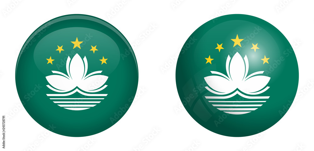 Macao (Administrative Region of the People's Republic of China) flag under 3d dome button and on glossy sphere / ball.