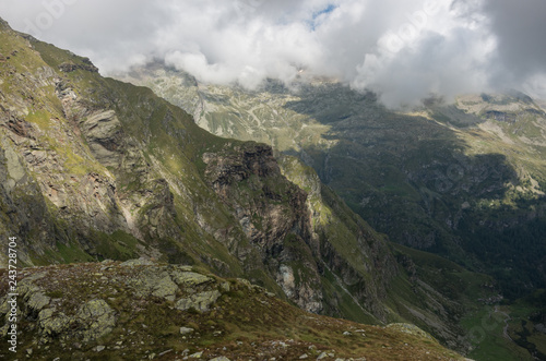 View to valley Bors from top of Cascata delle Pisse waterfall, Alagna Valsesia area, Italy