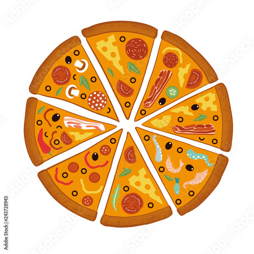 Round big mix pizza, slices triangle, italian restaurant menu, snack food ingredients for pizza