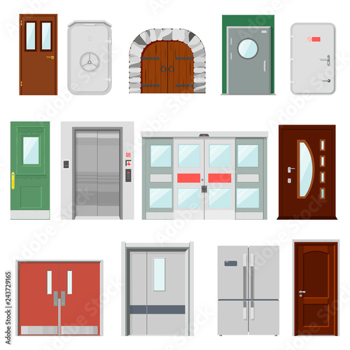 Doors vector doorway front entrance lift entry or elevator indoor house interior illustration set building doorpost doorsill and gate isolated on white background
