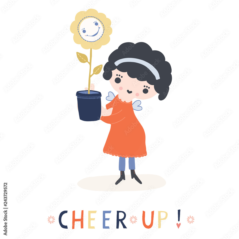 Hand drawn vector of kawaii cartoon girl angel fairy holding flower pot.  Cute cheer up smiling girl illustration for get well soon convalescence  card, feel better concept and wellness prayer clipart. Stock