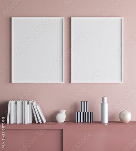 Mock up poster frame in living room interior background, 3d render