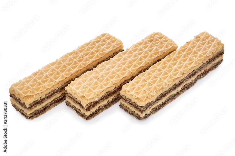 Three wafer biscuits isolated on white backdrop. closeup view Three wafer biscuits isolated on white backdrop. closeup view