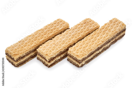 Three wafer biscuits isolated on white backdrop. closeup view