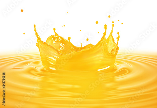 Orange juice crown splash with ripples. On white background.