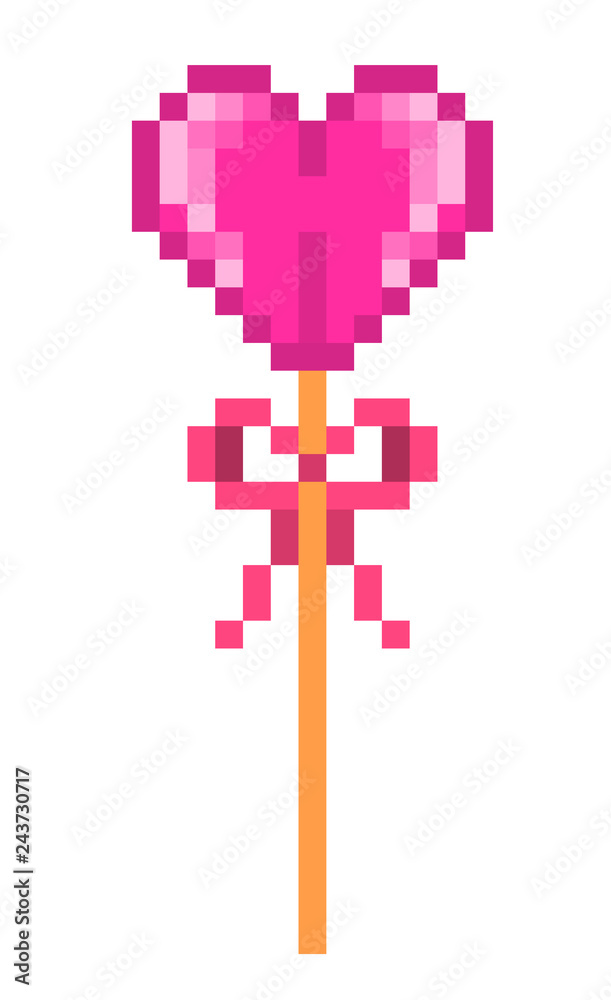 Fototapeta premium Pink heart-shaped lollipop on a stick decorated with a ribbon bow, pixel art icon isolated on white background. Valentine's day sweet treat. Candy shop logo. 8 bit slot machine/video game graphics.