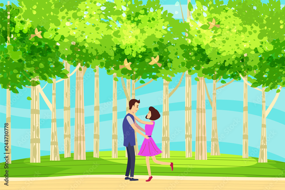 Spring landscape at the edge of the forest, a hill. Meeting lovers of characters in love. Birds singing. Blue sky. Bright juicy colors. Vector, illustration, isolated. Cartoon style