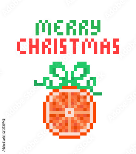 Dried orange Christmas tree ornament decorated with green ribbon bow, 8 bit pixel art greeting card isolated on white background. Sweet gift. Winter holiday treat. Handmade sliced citrus fruit garland