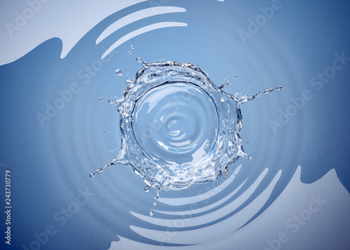 Water crown splash in a water pool on white. Top view.