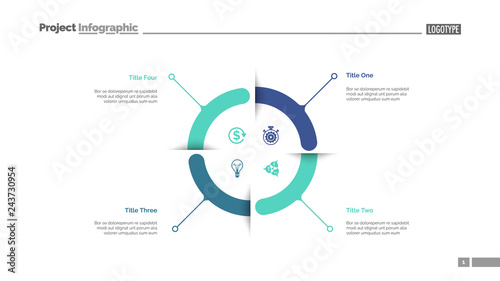 Four aspects circle diagram slide template. Business data. Graph, diagram. Creative concept for infographic, templates, presentation, report. Can be used for topics like research, banking, training