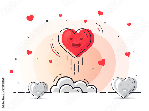 Red heart rocket launch for love boost. Trendy flat vector on white background. Vector Illustration. 