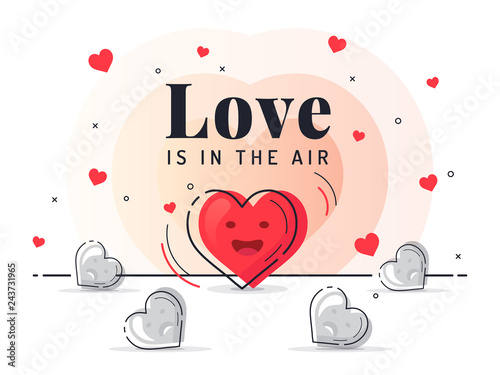 Love is in the air. Trendy flat vector heart icons with concept of love on white background. 