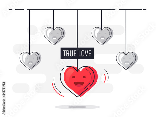 True Love. Set of hanging hearts with one glowing. Trendy flat vector heart icons with concept of love on white background. 