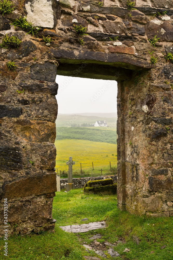 The ruins of Cill chriosd on Isle of Skye in mist