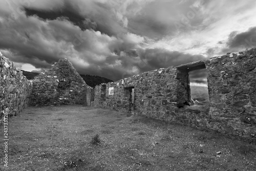 The ruins of Cill chriosd on Isle of Skye in mist artistic conversion photo